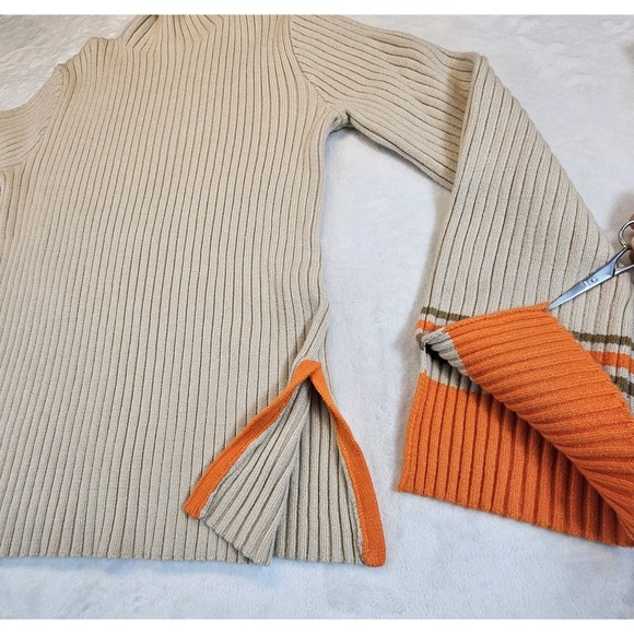 Anthropologie Mock Neck Tan Orange Sweater Womens Medium Bell Sleeve Ribbed Warm - Picture 4 of 11